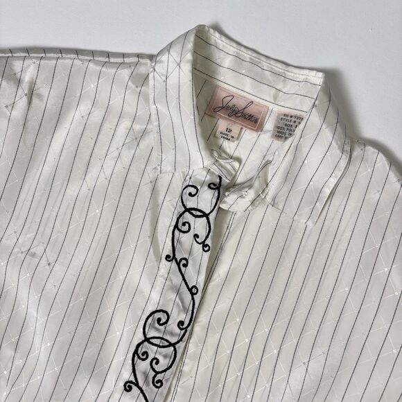 Vintage Jaclyn Smith Button Up Shirt Womens 12 White Silky Shiny Diamond Pattern - Picture 1 of 16